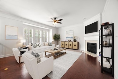 Large fireside living space virtually staged