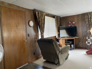 Carpeted living room with wood walls and a drop ceiling