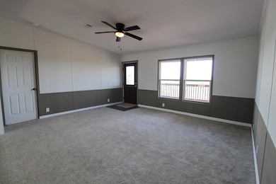 Carpeted spare room featuring ceiling fan