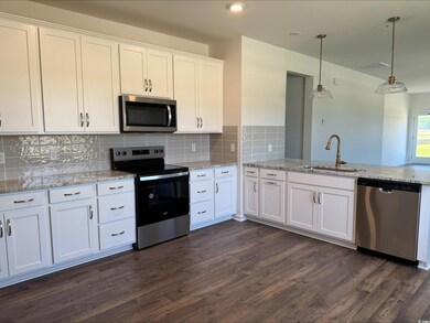 Kitchen with stainless steel appliances, a sink, white cabinetry, dark wood-style flooring, and light stone counters