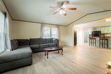Living room featuring lofted ceiling, light wood-