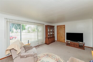 Living room featuring light carpet and crown molding