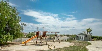 Storage shed and childrens play area.