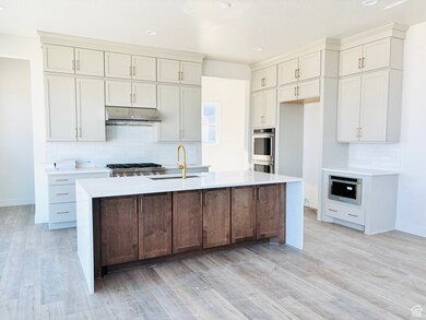 Kitchen featuring decorative backsplash, light countertops, light wood-type flooring, a kitchen island with sink, and under cabinet range hood