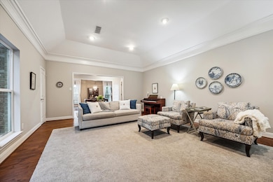 Jumbo Family room with a mitered raised ceiling an