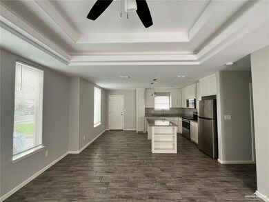 Kitchen with stainless steel appliances, a raised ceiling, ceiling fan, and healthy amount of natural light