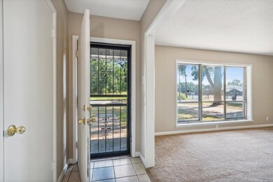 Entryway with light colored carpet and plenty of n