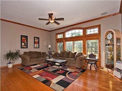 Gorgeous living room with crown molding and views 
