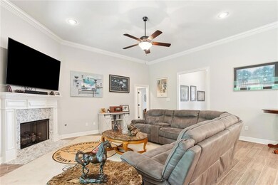 Living room with corner fireplace