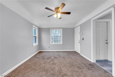 Carpeted spare room with ceiling fan