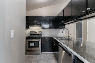 Kitchen featuring appliances with stainless steel finishes, a sink, dark cabinetry, under cabinet range hood, and a textured ceiling