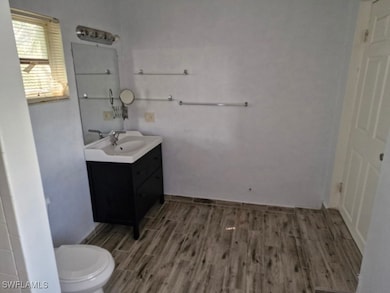 Bathroom featuring vanity, toilet, and wood finish