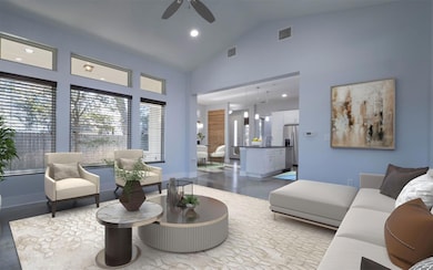 Living area with high vaulted ceiling, ceiling fa