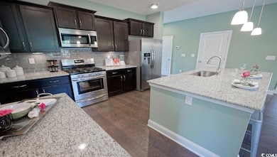 Kitchen featuring stainless steel appliances, a sink, dark wood-type flooring, decorative backsplash, and pendant lighting