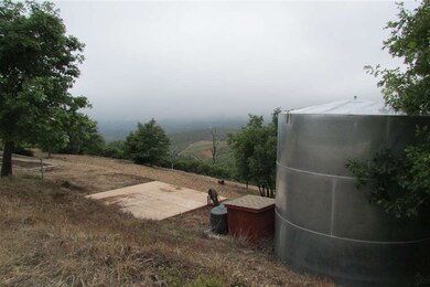 Water storage tank with concrete pad for shed.