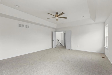 Spare room with a tray ceiling, ceiling fan, and carpet floors