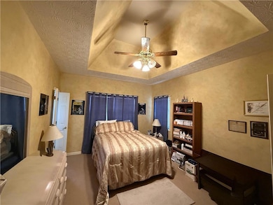 Master Bedroom with a tray ceiling, a textured wall, a ceiling fan, light colored carpet