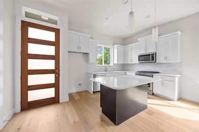 Kitchen with stainless steel appliances, light co
