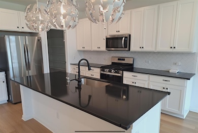 Kitchen with stainless steel appliances, a chande