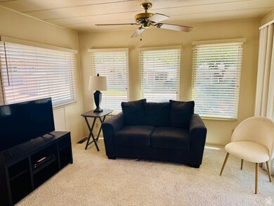 Carpeted living room with ceiling fan