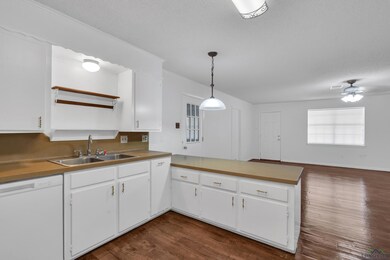 Kitchen with white cabinetry, white dishwasher, da