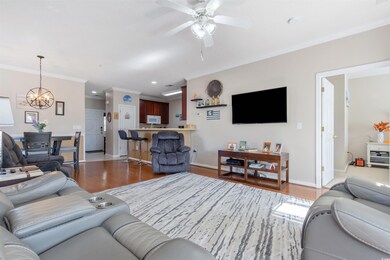 Living room featuring a chandelier, ceiling fan, ornamental molding, baseboards, and wood finished floors