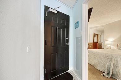 Carpeted entrance foyer with a textured ceiling