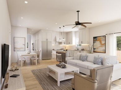 Living area with light wood-style flooring, recessed lighting, and a ceiling fan