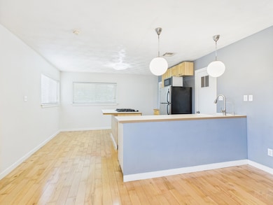 Kitchen with freestanding refrigerator, light woo