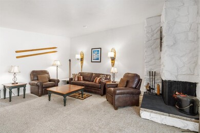 Carpeted living room featuring a stone fireplace