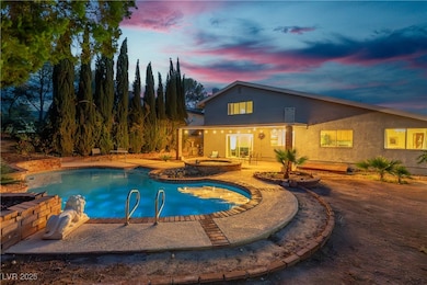 Twilight View of Pool/Spa with privacy cypress tre