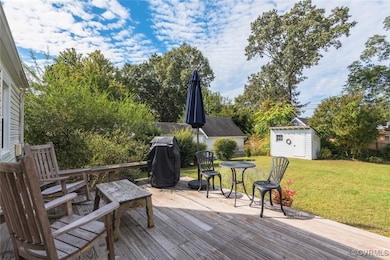 Wooden deck with a lawn and a grill