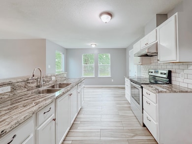 Kitchen with light stone countertops, under cabinet range hood, decorative backsplash, electric stove, and sink. View of Dining Area.