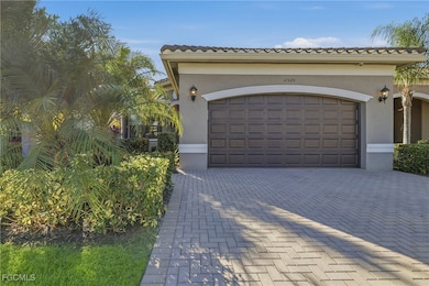 Garage with decorative driveway