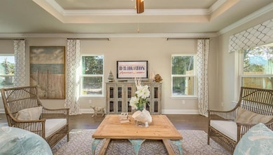 Living area with a tray ceiling, wood finished floors, and ornamental molding