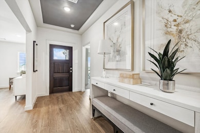 Entryway with dark wood-style flooring and a tray ceiling