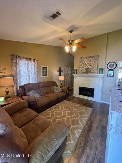 Den with gas log fireplace