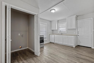 Kitchen featuring light wood-style flooring, stain