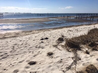 Sandy beach at waters edge.