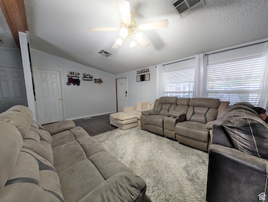 Living room featuring a textured ceiling, lofted ceiling, ceiling fan, and wood finished floors