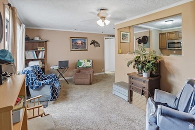Living room with a textured ceiling, light colored carpet, ceiling fan, and crown molding