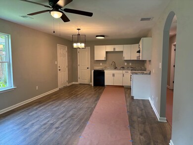Kitchen with black dishwasher, dark wood-style flooring, a ceiling fan, and white cabinetry