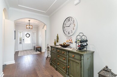 Entryway with arched walkways, dark wood-type floo