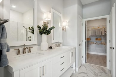 Primary bath with freestanding vanity