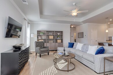 Living area with crown molding, a ceiling fan, lig