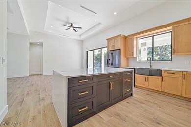 Kitchen featuring a tray ceiling, light wood-type