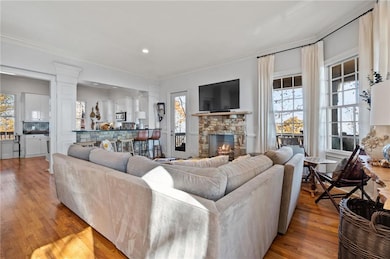 Living area with a fireplace, crown molding, decor