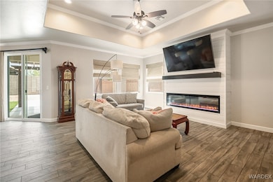 Living room with a raised ceiling, dark wood-style