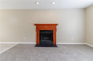 Detailed view of carpet flooring, a fireplace with