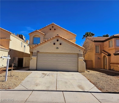 Mediterranean / spanish-style home with driveway, a tile roof, an attached garage, cooling unit, and stucco siding